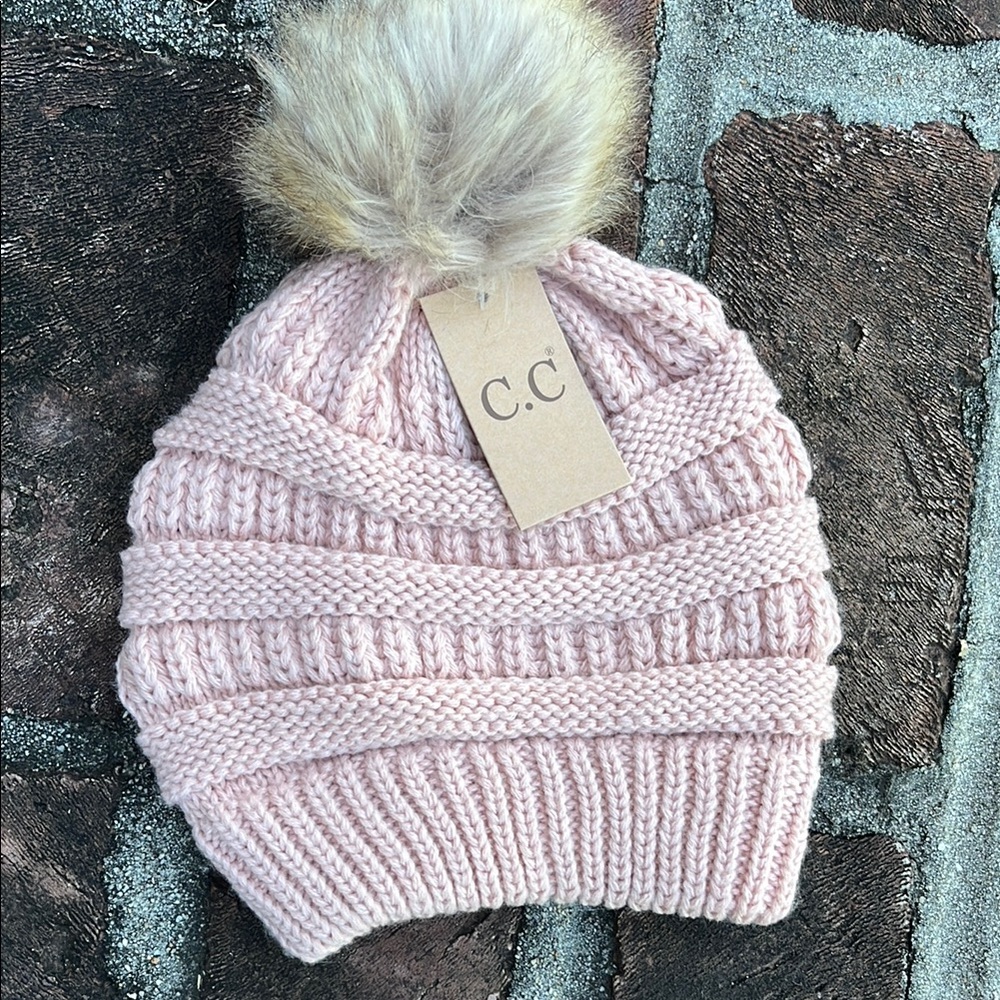 C.C. Blush Knit Hat with Fluffy Pom NWT